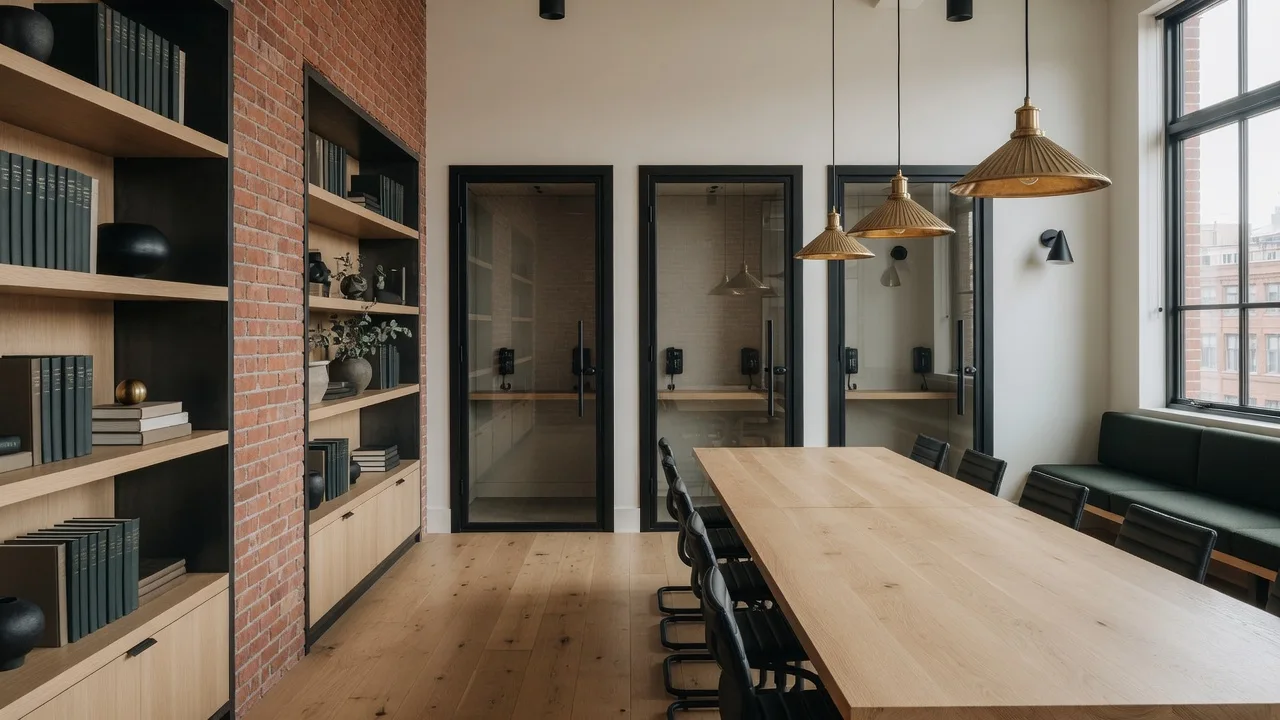 The co-working lounge, long oak table and glass phone booths