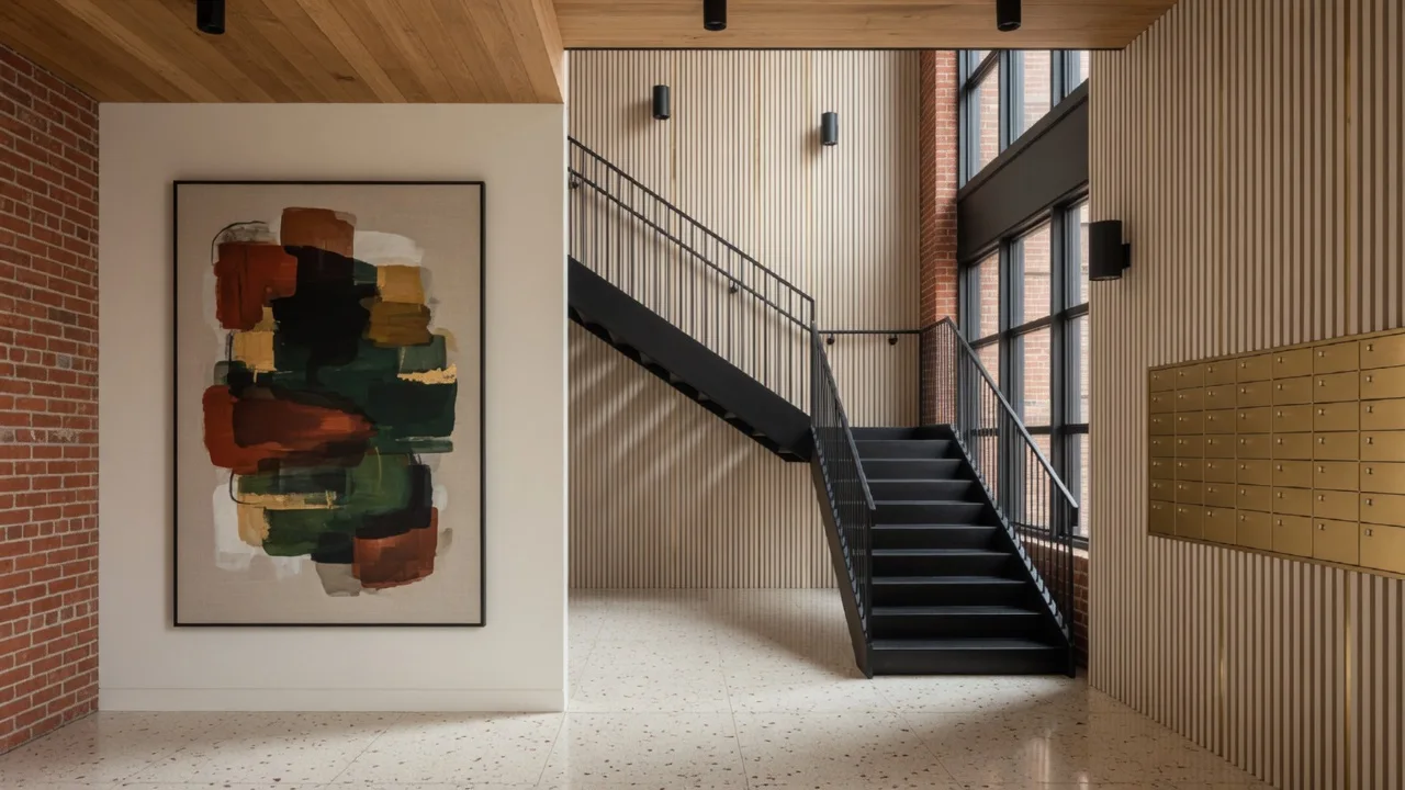 The double-height lobby with an oak slat wall and open steel stair