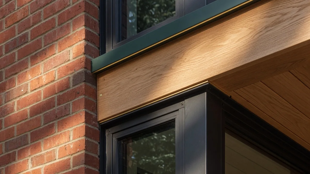 Brick, blackened steel and timber soffit meeting in raking sunlight
