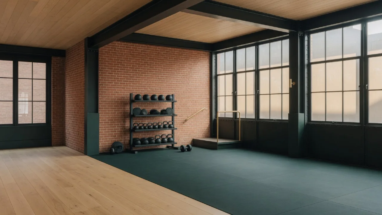 The fitness studio, brick wall and tall steel windows