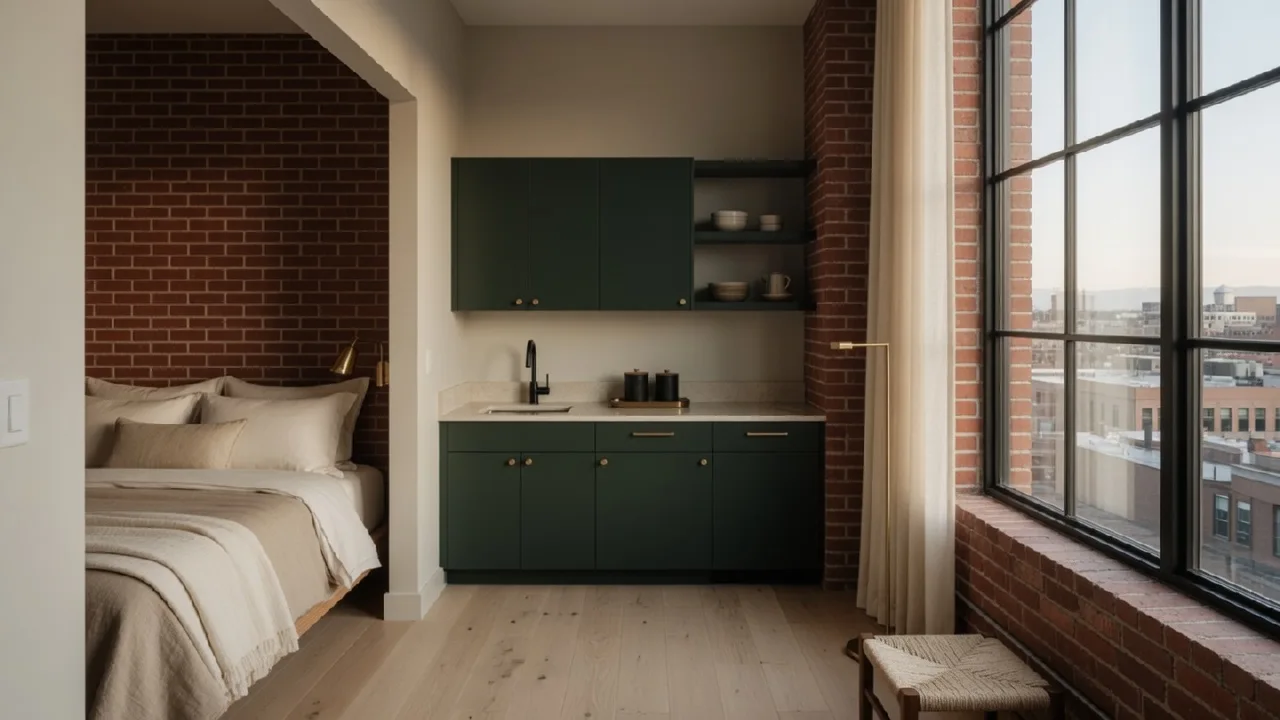 A studio with a bed alcove and a tall steel-framed window