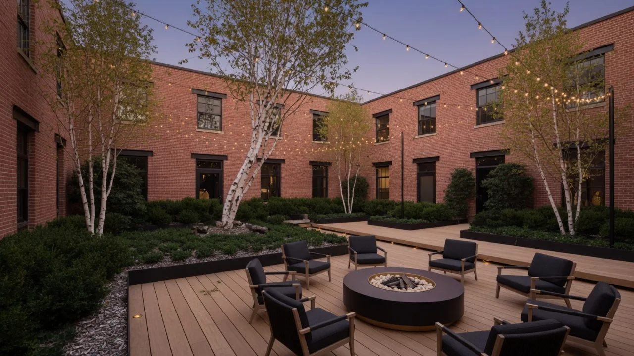 The interior courtyard at dusk, fire pit and string lights under brick walls