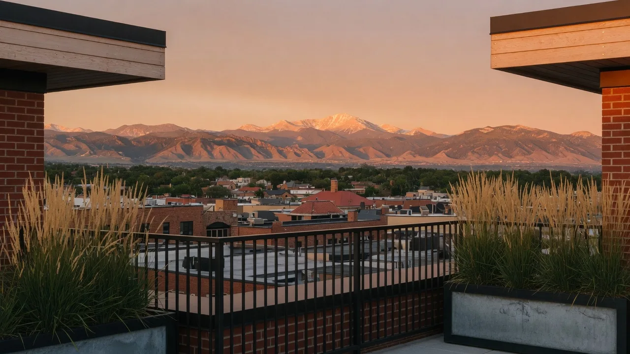 Sunset over the Front Range from the Halstead Yards rooftop terrace