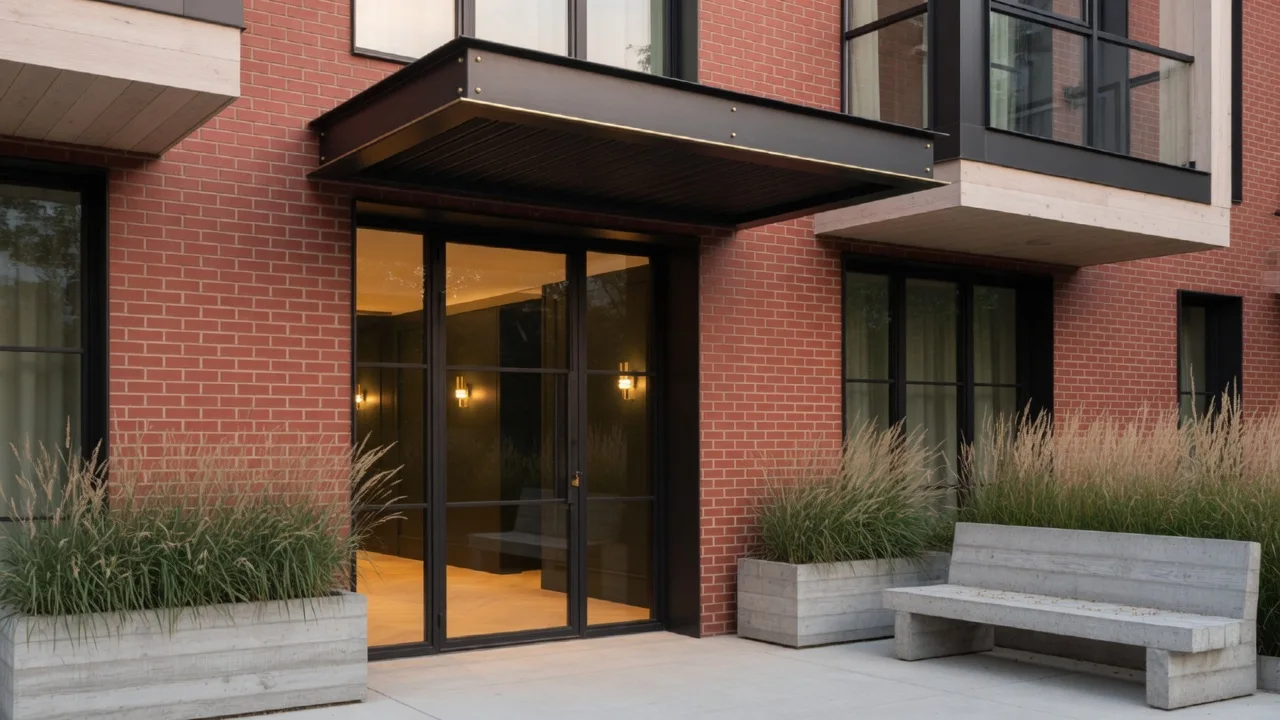 The residential entrance under a blackened steel and glass canopy