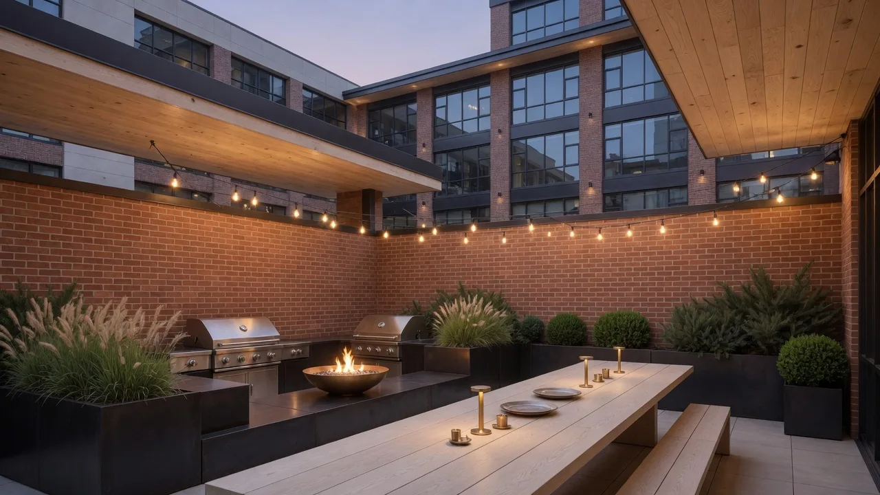 The courtyard grill terrace at dusk under string lights