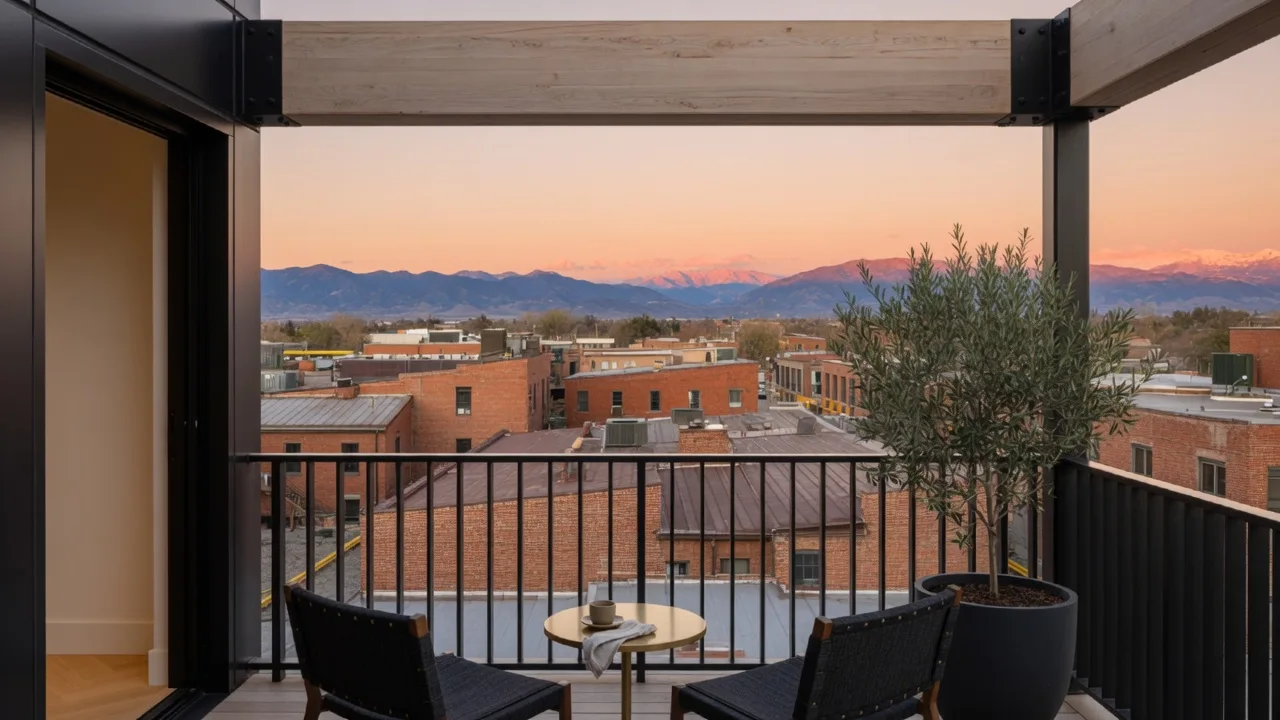 A private balcony with blackened steel railing looking west at sunset