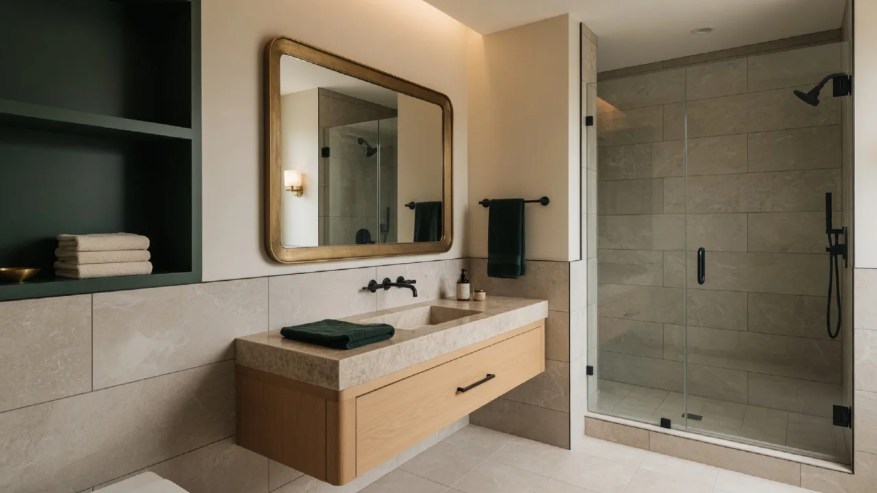 A bathroom with a floating white oak vanity and matte black fixtures