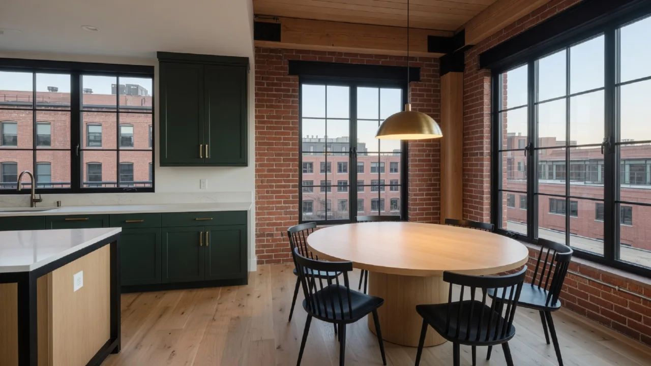 A dining nook beside a steel-framed window