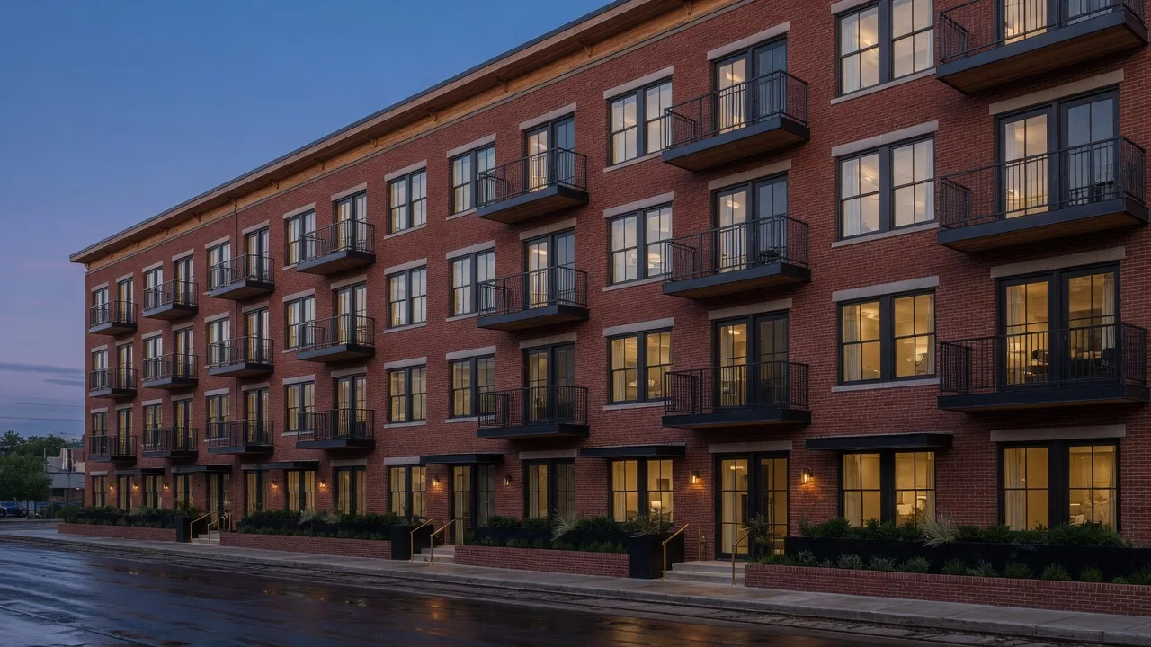 The seven-storey brick facade at blue hour with warm window light