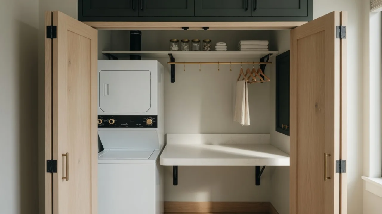 A full-size stacked washer and dryer behind white oak doors