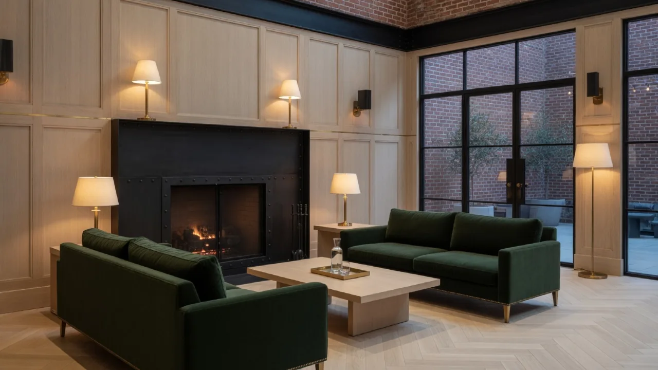 The clubroom, with a long walnut table under pendant lights