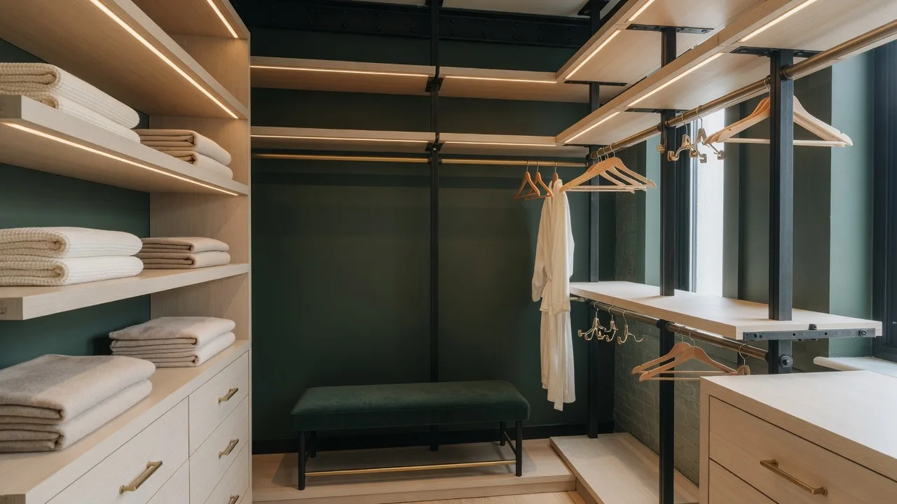 A walk-in wardrobe fitted in white oak with a bench