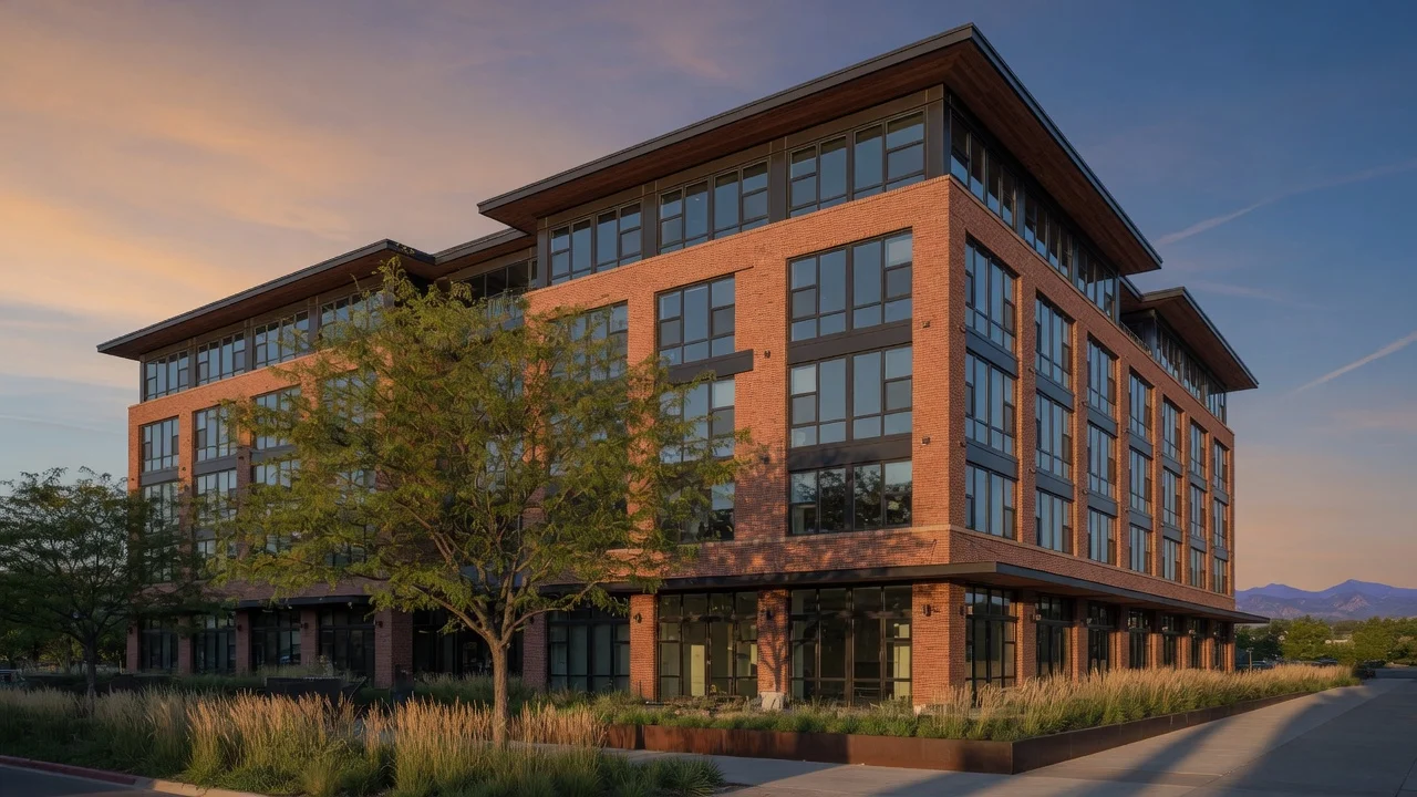 Halstead Yards at golden hour, brick and blackened steel against a deep evening sky