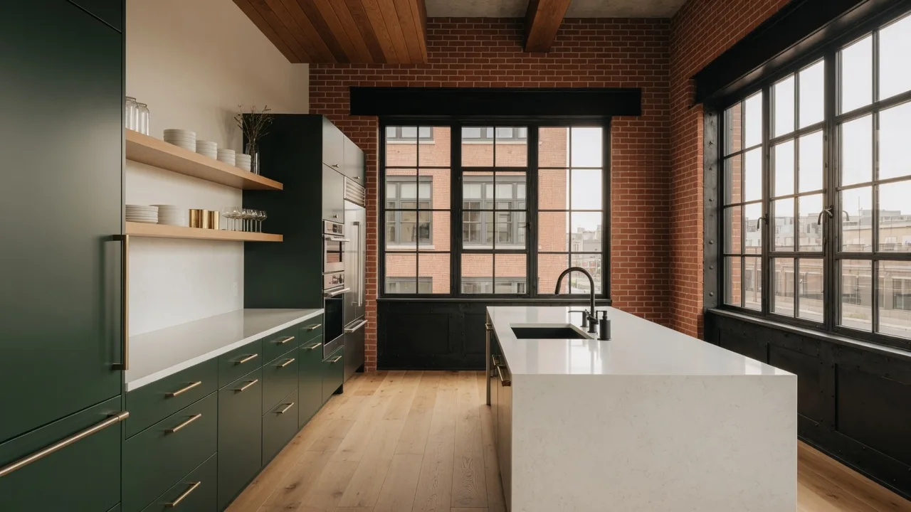 A kitchen with deep green cabinetry and honed stone counters