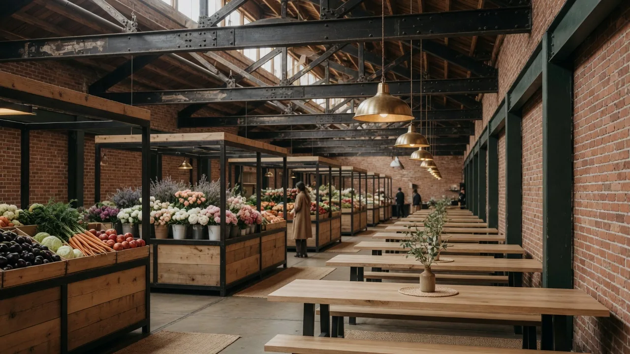 An indoor food hall in a converted rail building under steel trusses