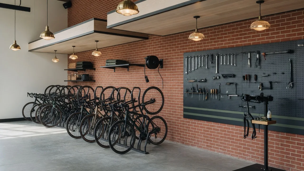 The bike workshop, racks and a repair stand under pendant lights