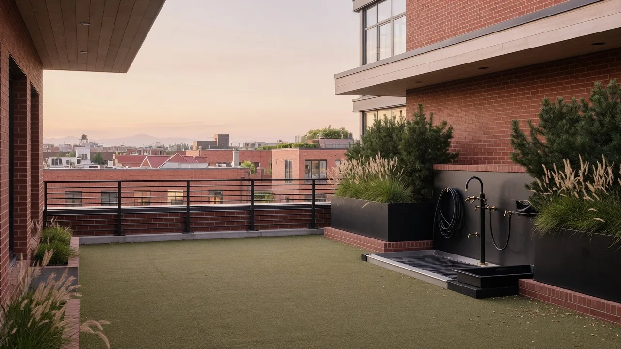The rooftop dog run with turf and a wash station