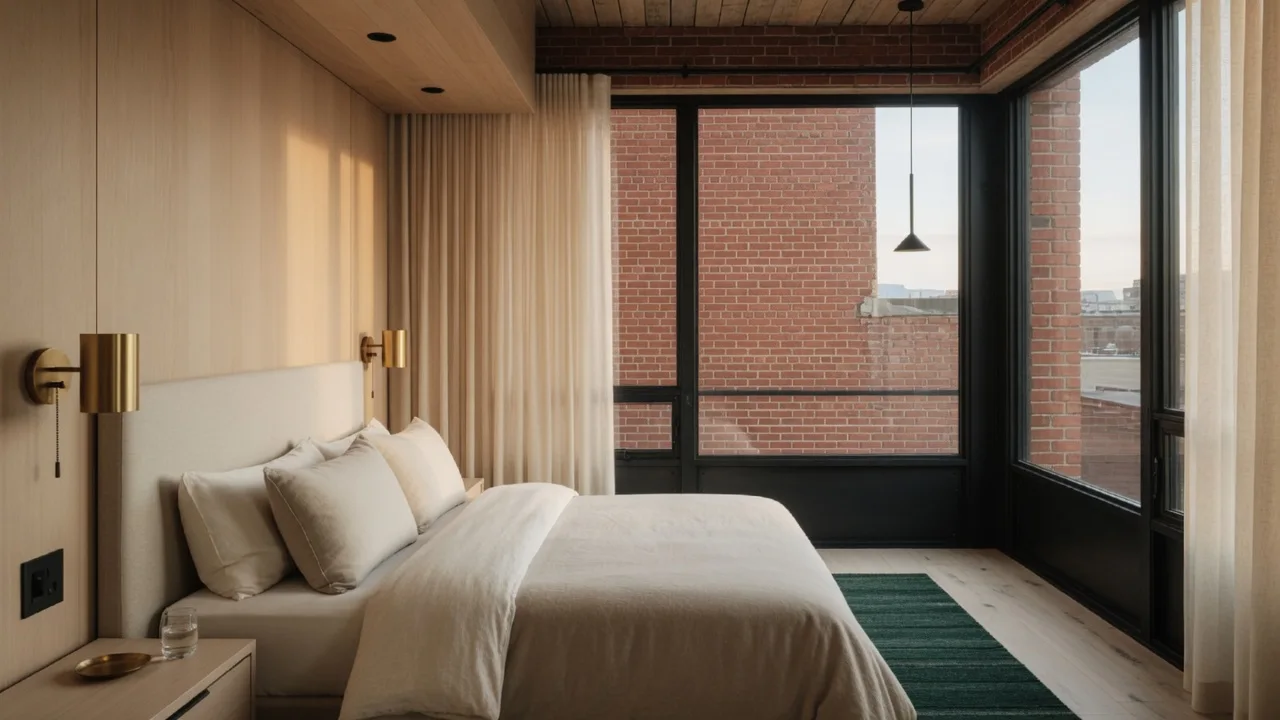 A bedroom in warm neutrals with brass sconces either side of the bed